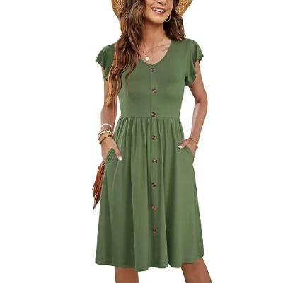 Abbildung von MOLERANI Women Summer Dresses Ruffle Sleeve V Neck Casual Swing Elastic Waist Midi Dress with Pockets Deep Army Green L