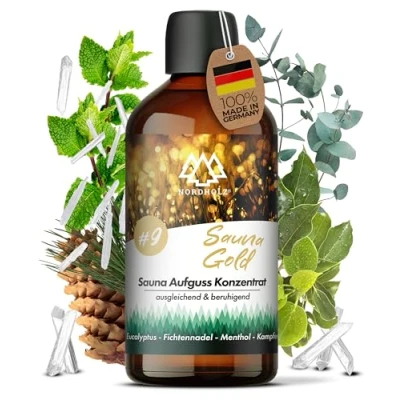 Abbildung von NORDHOLZ® Saunaaufguss [54 Sorten 15ml, 100ml, 250ml] Sauna Aufgussmittel für intensive &amp; erholsame Zubehör (#9 Gold, 100ml)