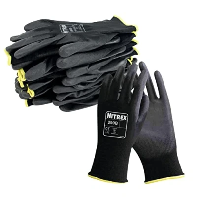 Abbildung von NITREX 290B Arbeits und Sicherheitshandschuhe, 10 Paar schwarze Handschuhe für allgemeine Handhabung mit PU Handflächenbeschichtung, Größe 6, XS