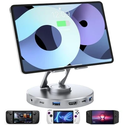Abbildung von YCE Dockingstation 6 in 1 Handheld USB C Hub mit 4K@60Hz HDMI,100 W PD,3,5 mm Audio Buchse,USB A,USB C,drehbarer,Faltbarer Typ Tablet Ständer für iPad,Steam Deck,ROG Ally