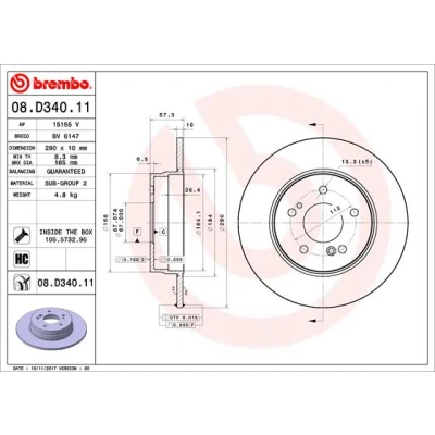 Abbildung von BREMBO 08.D340.11 Bremsscheibe 290 10 5 voll beschichtet hochgekohlt mit Schrauben MERCEDES BENZ: SL Cabrio