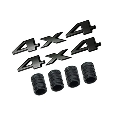 Abbildung von Dsycar 1 Paar 3D Metall 4X4 Logo Auto Abzeichen Emblem Aufkleber + 4 Stücke Gerändelten Stil Mit Kunststoffkern Ventilkappen für Universal Car Styling Dekorative Zubehör (Schwarz)