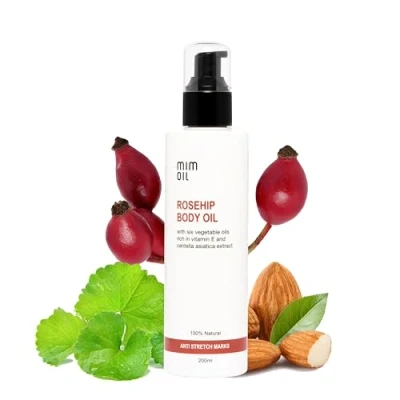 Abbildung von Anti Dehnungsstreifenöl mit Hagebutte, süßer Mandel, Centella Asica und Vitamin E reichen Ölen, 200 ml, 100% natürlich, spendet Feuchtigkeit hilft Dehnungsstreifen vorzubeugen.