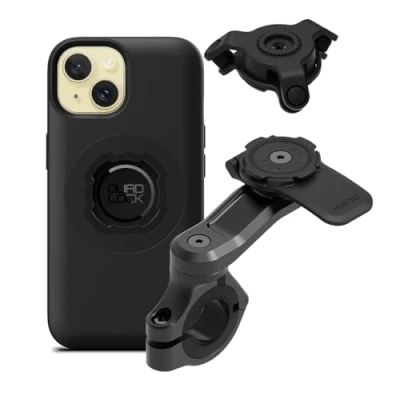 Abbildung von Quad Lock Lenker Handyhalterung PRO für Motorrad mit Vibrationsdämpfer und MAG Hülle iPhone 15