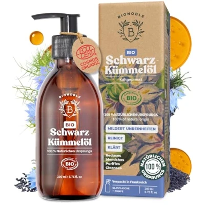 Abbildung von Bionoble Schwarzkümmelöl Bio 200ml Glasflasche + Pumpe 100% Kaltgepresst Ungefiltert Gesicht, Körper, Haare Ägyptisches Schwarzkümmel Öl Vegan Organic Black Seed Oil