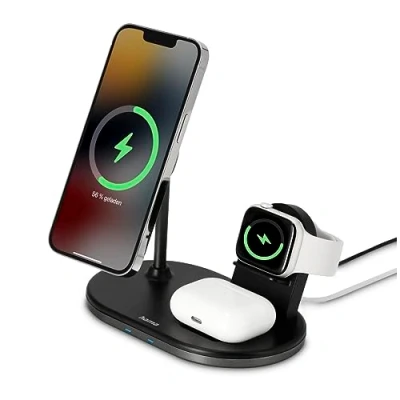 Abbildung von Hama 3in1 Wireless Charger Ladestation für Apple iPhone AirPod Watch Induktions Ladegerät (mit Pad, Fast Charge Technologie, 12, 13, 14, 15 Modelle)