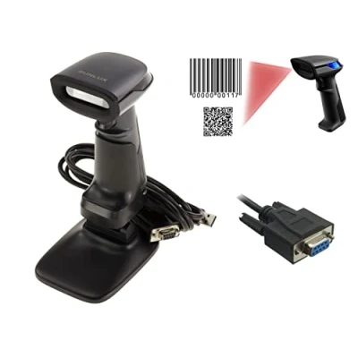 Abbildung von KALEA INFORMATIQUE Handheld Scanner für Barcodes vom Typ EAN und 2D Codes QR Code. Serielle Verbindung COM RS232. Wird mit Stand geliefert, automatisches Flashen.