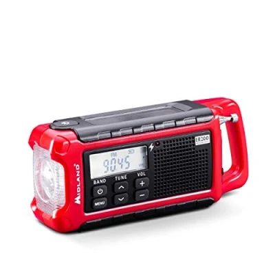 Abbildung von Midland ER200 Multifunktionales tragbares Aufziehradio, Notfall Powerbank 2600 mAh und LED Taschenlampe, Solar, Handkurbel USB AM/FM Radio 1 Notfallradio, wiederaufladbare Akkus Kabel