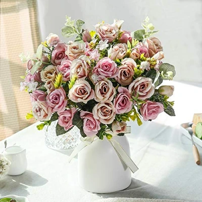 Abbildung von LESING Künstliche Seidenrose mit Vase, Kunstblumen, Hochzeitsblumen, Blumensträuße, Arrangement, Zuhause, Büro, Party, Tafelaufsatz, Tischdekoration (lila)
