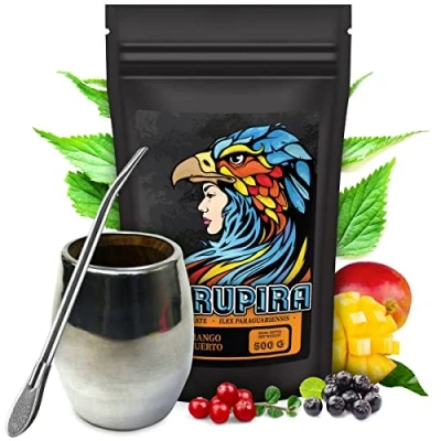 Abbildung von Yerba Mate Tee Set Brasilian Curupira mit Mango und Krauter Tasse Palo Santo Becher Oval 150ml Stahl Trinkhalm Bombilla 19cm Frucht loose leaf 0,5kg