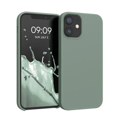Abbildung von kwmobile Hülle kompatibel mit Apple iPhone 12 Mini Silikon Handy Case Handyhülle weiche Oberfläche kabelloses Laden Rainwashed Grün