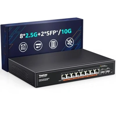 Abbildung von YuanLey 9 Port 2.5G PoE Switch Unmanaged, 8 x Base T Ports, 10G SFP, IEEE802.3af/at, 120W, Kompatibel mit 100/1000/2500Mbps, Metall Lüfterlos, Desktop/Rack Mount 2.5Gbe Netzwerk
