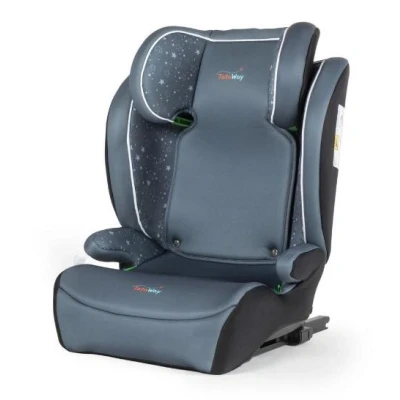 Abbildung von Tataway Autositz mit ISOFIX Befestigung für Kindersicherheit einer Höhe von 100 bis 150 cm Grafiken auf grauem Hintergrund