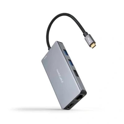 Abbildung von NANOCABLE 10.16.1009 9 in 1 Konverter Hub, USB C 3.2 GEN1 5G Stecker auf 3 A Anschlüsse + 2 HDMI RJ45 TF SD PD 100 W, Aluminium, 15 cm, Grau