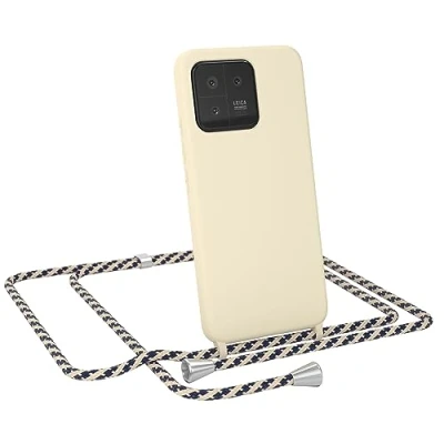 Abbildung von EAZY CASE Handykette austauschbares Band kompatibel mit Xiaomi 13 Silikon Necklace(abnehmbar),Stoßdämpfung bei Sturz, Taupe Taupe/Blau Camouflage Clip Silber