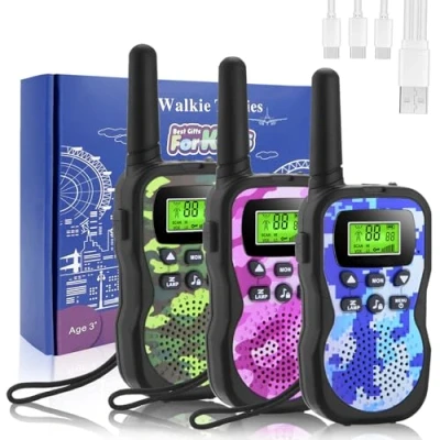Abbildung von Walkie Talkie Kinder Aufladbar, Talkies für 3 12 Jahre mit 8 Kanäle, LED Taschenlampe, VOX Funktion Camping, Wandern, Abenteuer, 3er Set