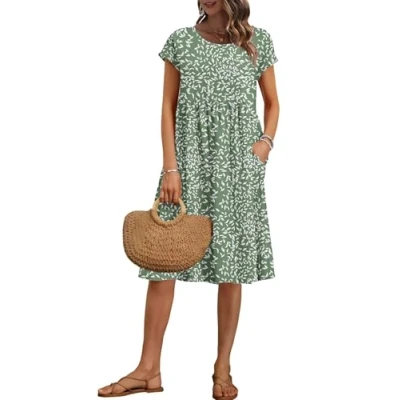 Abbildung von AUSELILY Damen Kurzarm Knielange Sommerkleider Sommer Lockeres Freizeitkleider Empire Kleider mit Taschen Olivgrünes Blatt S