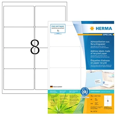 Abbildung von HERMA 10732 Recycling Etiketten, 80 Blatt, 99,1 x 67,7 mm, 8 pro A4 Bogen, 640 Stück, selbstklebend, bedruckbar, matt, blanko Papier Klebeetiketten Aufkleber, natur weiß
