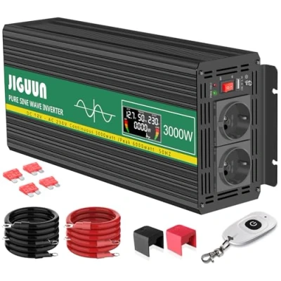Abbildung von JIGUUN 3000W Wechselrichter Reiner Sinus Spannungswandler 12V 230V Inverter mit 2 EU Steckdosen 2.4A USB Ausgang,Kabellose Fernbedienung und LCD Anzeige Spitzenleistung 6000W