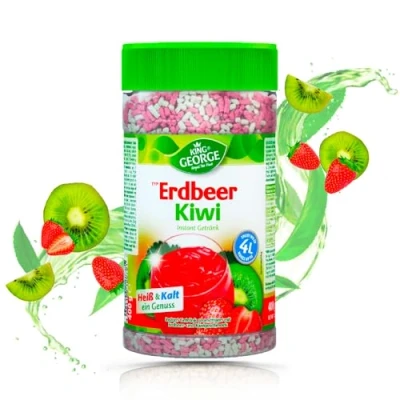 Abbildung von KING GEORGE Erdbeer Kiwi 12 x 400g Instant Eistee Mixgetrönk Sommerlicher Genuss Vorratspackung Getränkpulver, Erfrischungsgetränk für Familie, Schichtdienstmitarbeiter, Feier, Party