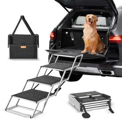 Abbildung von VEVOR Haustierrampe für Fahrzeuge, 4 stufige breite Klapptreppe Hunde, Aluminium Autorampe mit Anti Rutsch Beschichtung, leicht zu tragende Stufen SUVs, LKWs, trägt bis 250 lbs
