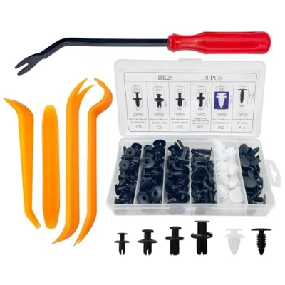 Abbildung von Baxcdyswe 100 Stück Befestigungsclips Auto, Universal Spreiznieten, Clips Befestigung, Kfz Set, Verkleidung, 6 Arten Türverkleidung + 4 Lösewerkzeug Zierleistenkeile 1 Hebelwerkzeug