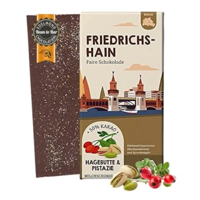 Abbildung von FRIEDRICHSHAIN Hagebutte, Pistazie, Zitrone in Bio Edelmilch / Fair Trade Stadtteil Schokolade 1 Tafel, 80g