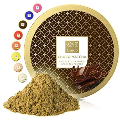 Abbildung von Tea Uniqo Choco Matcha Pulver Ideal für Eis, Latte, Shakes, zum Backen, Kochen oder pur Trinken Grüntee mit Schokolade Geschmack, 100% natürlich in wiederverschließbarer Dose