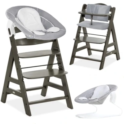 Abbildung von hauck Hochstuhl Alpha Plus Newborn Set mit 2in1 Bouncer Mitwachsender Holz Babyhochstuhl ab Geburt, inkl. Sitzauflage &amp; Neugeborenenaufsatz Charcoal