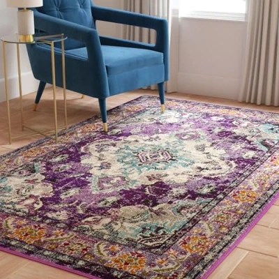 Abbildung von SAFAVIEH Boho Teppich für Wohnzimmer, Esszimmer, Schlafzimmer Monaco Collection, Kurzer Flor, Violett und Hellblau, 201 X 279 cm