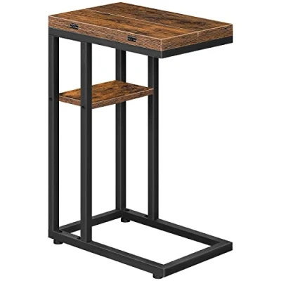 Abbildung von HOOBRO C Form Beistelltisch, Klappbarer Sofatisch, Couchtisch, Kaffeetisch Snacktisch mit Lagerregal, Schmaler Nachttisch für Wohnzimmer, Schlafzimmer, Metallrahmen, ​Dunkelbraun EBF29SF01