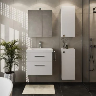 Abbildung von Planetmöbel Badset komplett aus Unterschrank 63cm mit Waschbecken, Spiegelschrank und 2X Midischrank in Weiß, Komplettset für Badezimmer 5 teilig
