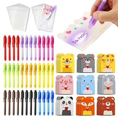 Abbildung von DazSpirit 36 Stück Geheimstift mit Niedlichem Tierische Karten und Geschenktüten, Zauberstifte UV Licht Partytütenfüller für Jungen Mädchen, Unsichtbarer Stift Spy Pen zum Mitgebsel Kinder