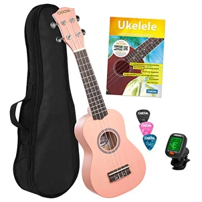 Abbildung von CASCHA Sopran Ukulele Set Niederländisch für Kinder &amp; Erwachsene I Starter Kit mit 3 Plektren Tasche holländisches Lehrbuch DVD Stimmgerät Aquila Saiten Nylon Kleine Hawaii Gitarre Pink/rose