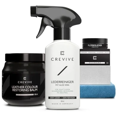 Abbildung von CREVIVE Flüssigleder 50 ml + Lederreiniger 250 Lederbalsam 300 ml, Lederpflegeset (SPARSET 8 teilig, Lederreparatur, sehr ergiebig), Leder Reparatur Set, Kunstleder Reparaturset, für Sofa, Couch, Auto