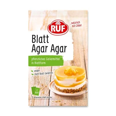 Abbildung von RUF Blatt Agar Agar, Ersatz für Blattgelatine, pflanzliches Geliermittel aus Algen, Alternative zur tierischen Gelatine, glutenfrei, vegan, 2 Blätter