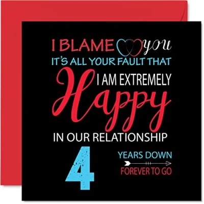 Abbildung von Stuff4 Lustige Jubiläumskarte für Ehemann, Frau Your Fault I&#039;m Extremely Happy 4th Wedding Anniversary Card for Partner, 145 mm x Grußkarten vierte Jubiläen