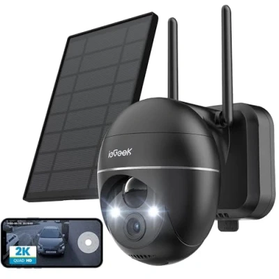 Abbildung von ieGeek 2K Solar Überwachungskamera Aussen Akku, 355/140 Pan Tilt Kabellose mit Farbnachtsicht, PIR Bewegungsmelder, Sirene/Weißlichtalarm, 2 Wege Audio, IP65, Cloud/SD Storage