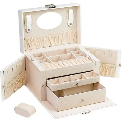 Abbildung von AdelDream Schmuckkasten Schmuckkästchen mit 2 Schubladen PU Leder Schmuckaufbewahrung für Ringe Armbänder Ohrringe Samtfutter weiß