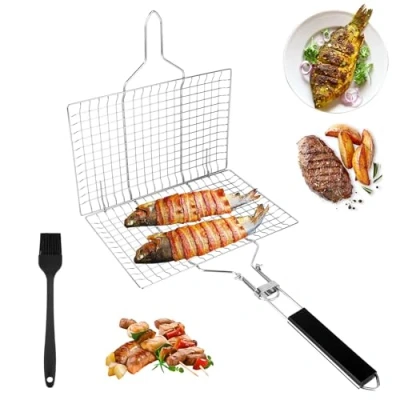 Abbildung von Edelstahl Grillkorb für Fischgemüse, Fisch Grillkorb, Tragbares Grill Fischhalter, Faltbarer BBQ Fischbräter, Faltbar, mit Backpinsel, gemüse Steak Garnelen (54 * 22cm)