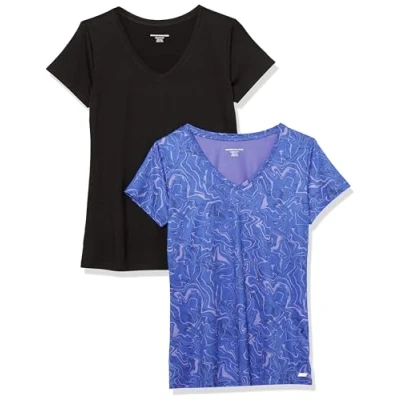 Abbildung von Amazon Essentials Damen Tech Stretch T Shirt mit kurzen Ärmeln und V Ausschnitt (erhältlich in Übergröße), 2er Pack, Blau Marmor/Schwarz, S