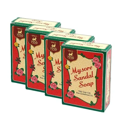 Abbildung von Mysore Sandelseife, 75 g, Badeseife, mit Sandelholzöl, Kräuter Ayurveda, Gesundheit und Schönheit, indischer Herkunft (4 Stück)