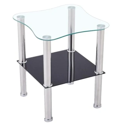 Abbildung von Euro Tische Beistelltisch aus Glas mit Ablage Schwarz abgerundet 2 Ebenen Design, Sicherheitsglas &amp; Edelstahlbeine oder eckig Glasplatte 6mm Satiniert Couchtisch