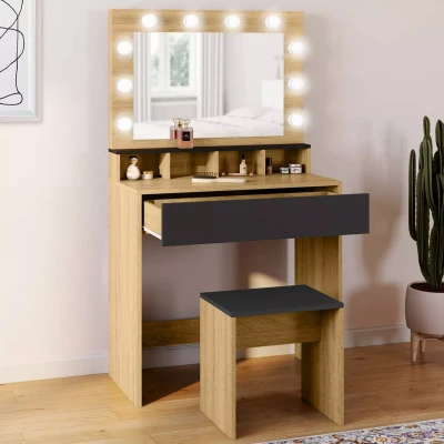 Abbildung von IDMarket Schminktisch Zelia Buche und Schwarz LED Spiegel mit 4 Nischen, 1 Schublade Hocker