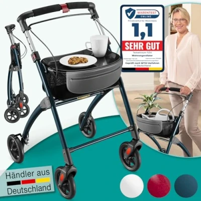 Abbildung von maxVitalis Wohnungsrollator 54cm breit, faltbar und leicht, inkl. Tablett &amp; Stoffkorb, Rollator schmal für die Wohnung, Indoor Rollator, klappbar, Aluminium,Mobilität Zuhause anthrazit