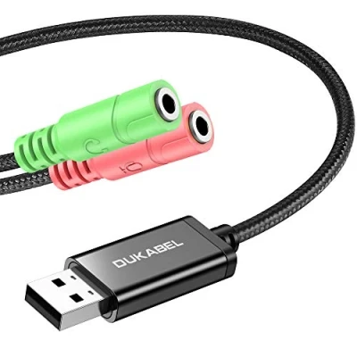 Abbildung von DuKabel Headset USB Adapter 1,2m für Computer, Laptop und PS4, Stecker auf 2X 3,5mm TRS Klinke Buchse Soundkarte Kopfhörer, Lautsprecher 3 Pole Mikrofon Schwarz
