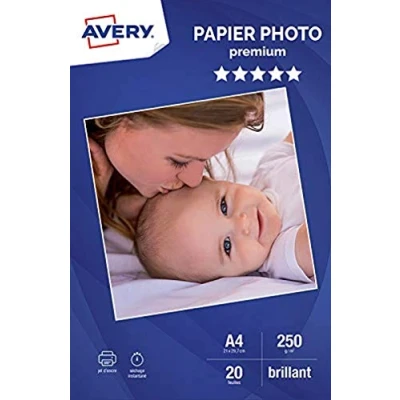 Abbildung von AVERY 20 Blatt 250 g/m² A4 glänzendes Fotopapier mit Tintenstrahldruck.