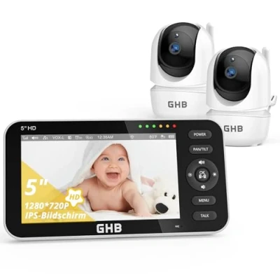 Abbildung von GHB Babyphone mit 2 Kameras 5 Zoll 720P HD IPS Display Kamera VOX Modus Gegensprechen Nachtsicht Temperaturanzeige Modell 2023A2