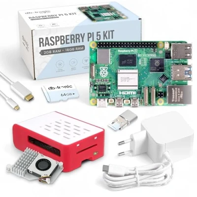 Abbildung von Raspberry Pi 5 8GB Cooler Kit USB C Netzteil 27W Gehäuse Active 64GB SD Karte Micro HDMI Kabel 1m RAM