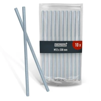 Abbildung von HELPMATE Gewindestange M12 x 330 mm aus verzinktem Stahl 10 Stück Gewindestab mit metrischem Vollgewinde Gewindestift Festigkeitsklasse 4.8, DIN 976